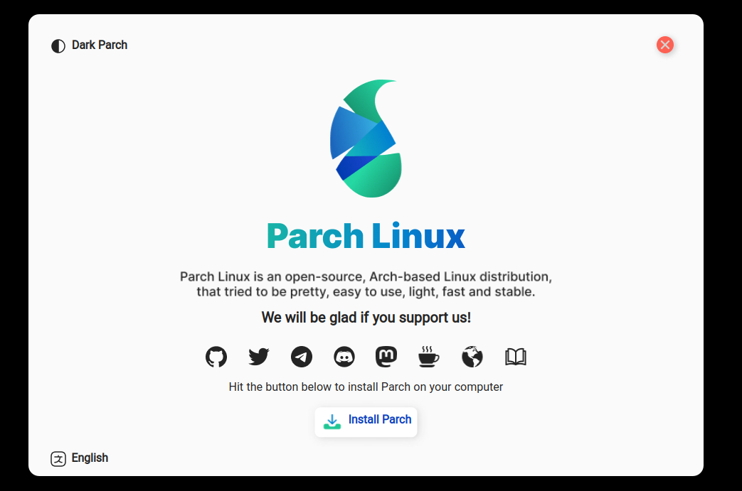 Screenshot of welcome app in ParchLinux