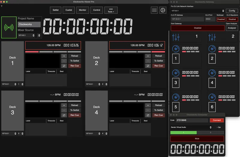 Clockworks Viewer Pro showing four decks with BPM and timecode, beside the Clockworks Gateway and Connector windows