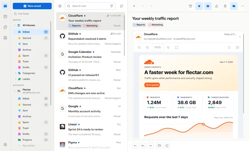 Flectar Mail email client running in light mode