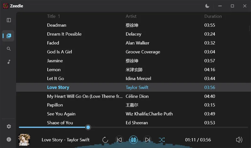 Screenshot of Zeedle music player showing dark minimal UI with spectrum visualization